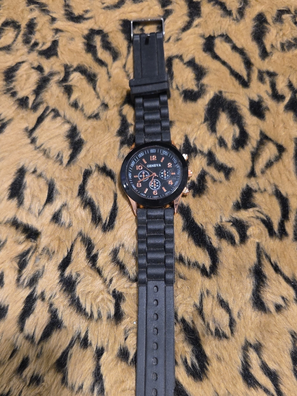 Geneva Black Silicone Strap Watch with Rose Gold Accents